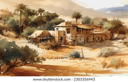 Old ancient Egyptian village watercolor painting Abstract background.