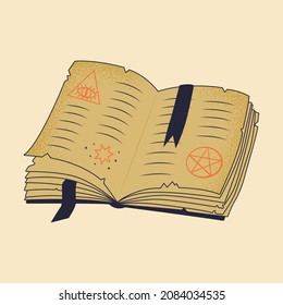 Old ancient open book with magic spells isolated vector illustration. Witchcraft aged paper with occult and celestial symbols. Hand drawn witch library element