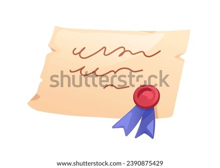 Old ancient parchment paper. Antique papyrus, sealed document. Medieval historical magic letter, handwritten text with wax stamp and ribbon. Flat vector illustration isolated on white background
