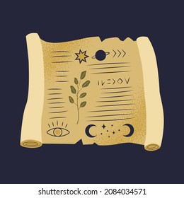 Old ancient scroll with magic spells isolated vector illustration. Witchcraft aged manuscript with occult and celestial symbols. Hand drawn rolled paper with mystical letters