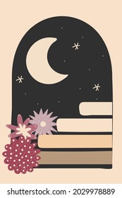 Old ancient stairs, flowers and moon night. Aesthetic contemporary art. Boho print. Flat vector illustration. 
