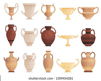 Old ancient vessel. Clay jug cups and amphoras with patterns ceramics antique jug vector pictures