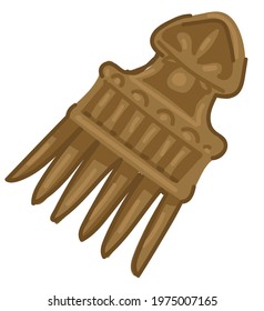 Old ancient wooden comb, isolated icon of antique hairbrush decorated with ornaments. Care for hair and beauty treatment centuries ago. Handmade brush, vintage accessories. Vector in flat style