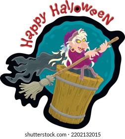 Old angry Halloween witch flying with her old magic broom and mortar in a dark night sky, vector cartoon greeting card