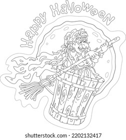 Old angry Halloween witch flying with her old magic broom and mortar in a dark night sky, black and white outline vector cartoon greeting card