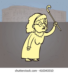Old angry lady with walking stick. Hand drawn cartoon vector illustration.