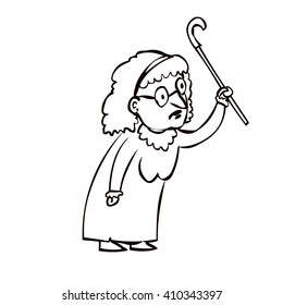 Old angry lady with walking stick. Hand drawn cartoon vector illustration.