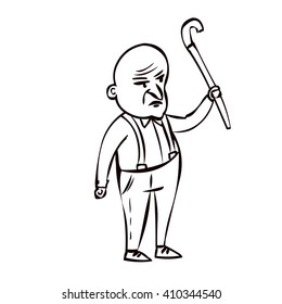 Old angry man with walking stick. Hand drawn cartoon vector illustration.