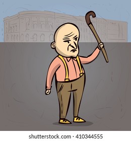 Old angry man with walking stick. Hand drawn cartoon vector illustration.