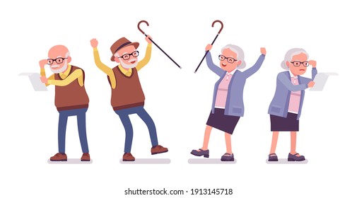 Ancianos enojados, ancianos, mujeres leyendo papel. Ancianos, abuelos jubilados, pensionistas de edad con discapacidades. Ilustración de dibujos animados de estilo plano vectorial aislados en fondo blanco