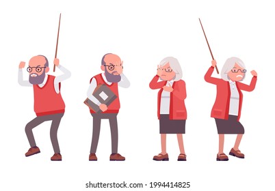 Old angry teacher in negative emotions, female, male senior professor, university, school, college tutor. Master, aged supervisor. Vector flat style cartoon illustration isolated, white background