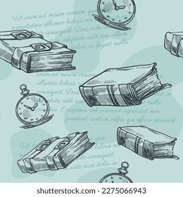 Old or antique books with belts and watch. Literature and leisure time, reading and writing poetry. Clock and publications. Seamless pattern print or background wallpaper. Vector in flat style