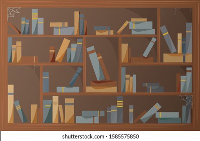 Old antique books on bookshelves covered by spider web. Background with shelves or bookcase in public library or vintage bookstore. Ancient literature. Flat cartoon colorful vector illustration.