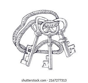 Old antique bunch of door keys attached to holder, tied with twine. Engraved vintage drawing of medieval unlocking item. Outlined hand-drawn vector illustration isolated on white background