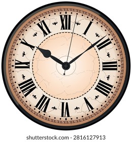 Old antique clock face with Roman numerals and decorative vintage design. Classic wall clock illustration isolated on gray background, symbolizing time, history, deadline, countdown and nostalgia.