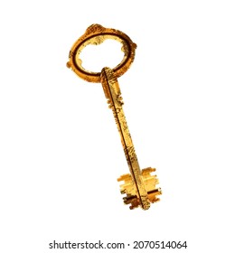 Old antique glossy door key with rust isolated on white