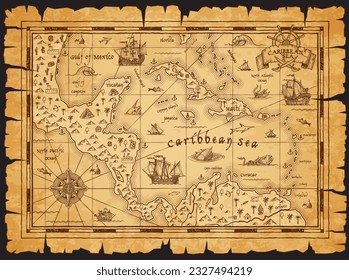 Old antique vintage map of Caribbean Sea. Compass wind rose, sail ships and pirate islands treasure map sketches. Vector ancient paper or parchment of fantasy world islands, oceans and sea monsters