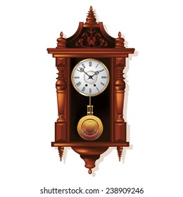 Old Antique Wall Clock Isolated On White. Vector Illustration