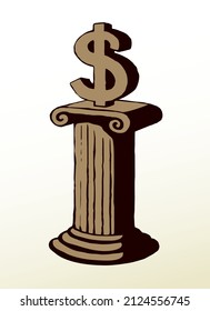 Old Antique White Isolate Temple Gold Buck Capital Idol Cult Worship Plinth Base Podium View. Outline Black Pen Hand Drawn Rich Greed Retail Buy Count Bill Cash Tax Logo Concept Doodle Retro Art Style