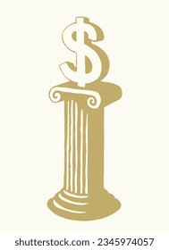 Old antique white isolate temple gold buck capital idol cult worship plinth base podium view. Outline black pen hand drawn rich greed retail buy count bill cash tax logo concept doodle retro art style