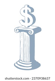 Old antique white isolate temple gold buck capital idol cult worship plinth base podium view. Outline black pen hand drawn rich greed retail buy count bill cash tax logo concept doodle retro art style