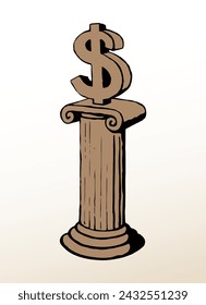 Old antique white isolate temple gold buck capital idol cult worship plinth base podium view. Outline black pen hand drawn rich greed retail buy count bill cash tax logo concept doodle retro art style