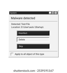 Old antivirus window in black style. Virus detected message in retro. Computer protection software.