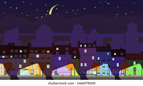 Old apartment buildings in the autumn, at night, on the background of the modern city. EPS-10