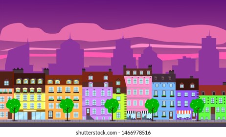 Old apartment buildings on the background of the modern city. EPS-10