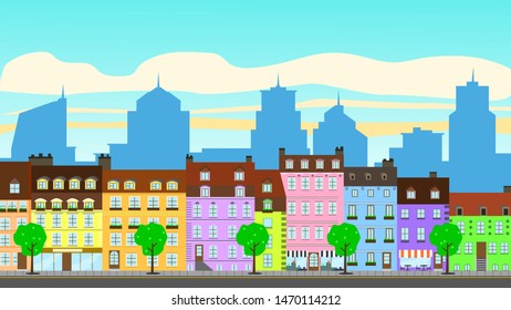 Old apartment buildings on the background of the modern city. EPS-10