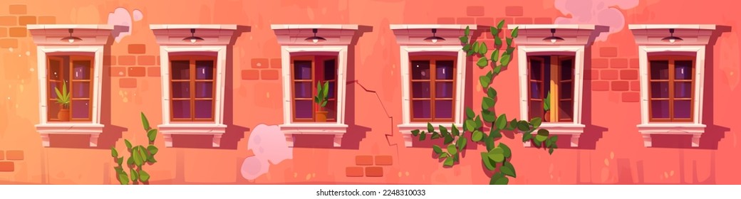 Old apartment house facade with flower pots in classic window frames, cracks and damages on red brick wall, vintage outdoor lamps. Urban architecture. Neighborhood concept. Cartoon vector illustration