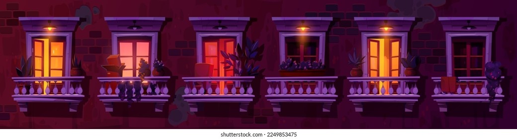 Old apartment house facade with flower pots in classic window frames, cracks and damages on red brick wall, vintage outdoor lamps. Urban night architecture. Neighborhood cartoon vector illustration