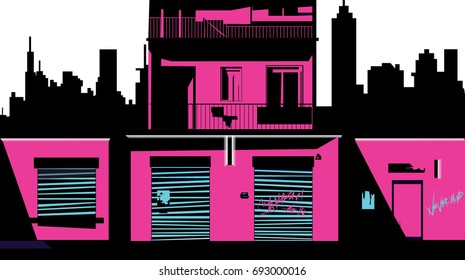 old apartment and shops with closed shutters and neon lights. 
abstract vector illustration of an urban street, flat  style. cityscape silhouette at the back