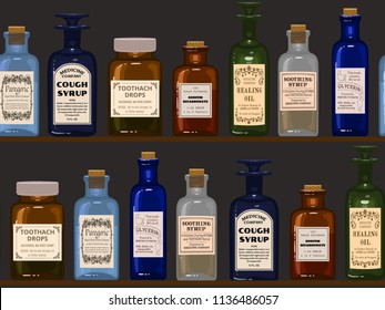 Old Apothecary. Vintage Bottles On Wooden Shelves. Seamless Background