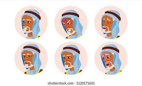 Old Arab Avatar Icon Man Vector. Traditional Clothes. Facial Emotions. Round Portrait. Cute Employer. Happiness, Unhappy. Beauty Gentleman. Isolated Flat Cartoon Illustration
