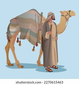 An old Arab with a camel and a caravan walking