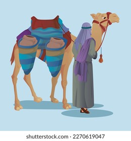 An old Arab with a camel and a caravan walking