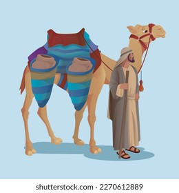 An old Arab with a camel walking his caravan