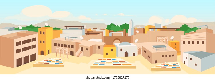 Old Arab City Flat Color Vector Illustration. Ancient Arabic Town Architecture. Touristic Landmarks Of Africa. Moroccan Medina 2D Cartoon Landscape With Sky Scape On Background