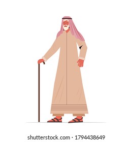 old arab man in traditional clothes senior male cartoon character standing pose gray haired grandfather full length vector illustration