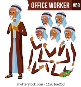 Old Arab Office Worker Vector. Traditional Clothes. Islamic. Face Emotions, Various Gestures. Animation Creation Set. Adult Entrepreneur Business Man. Happy Clerk, Servant, Employee. Illustration