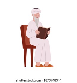 Old Arabian Man Reading Book Sitting on Chair Illustration