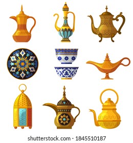 Old arabic heritage. Traditional cultural decorated pottery with logos saudi symbols vector arabia set