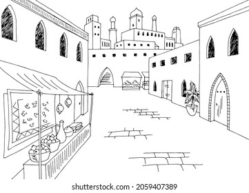 Old arabic street graphic black white town landscape sketch illustration vector