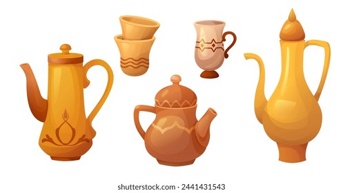 Old Arabic teapot and coffee cup Ramadan cartoon. Turkish arab heritage tea pot icon and clipart set. Golden or copper vintage islamic drink hospitality symbol. Eastern traditional oriental pitcher