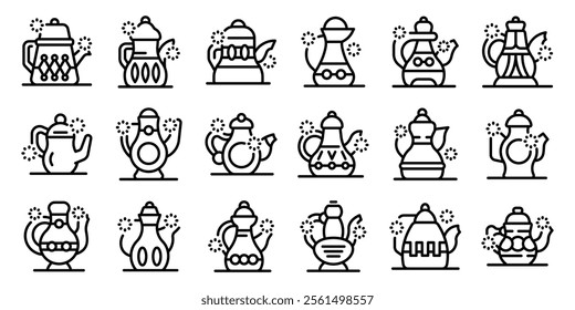 Old arabic teapot icons set. Different teapots icons set, outline style, various shapes and designs of teapots for tea ceremony or brewing tea