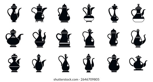 Conjunto de ícones de bule árabe antigo. Silhuetas pretas de panelas de café dallah, mostrando a tradição árabe e hospitalidade