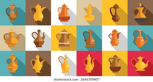 Conjunto de ícones de bule árabe antigo. Ícones de design plano colorido de bules de chá e potes de café, apresentando diversos estilos de todo o mundo, ideal para representar a cultura do chá e do café