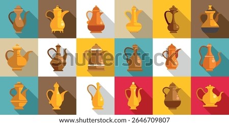 Old arabic teapot icons set. Colorful flat design icons of teapots and coffee pots, showcasing diverse styles from around the world, ideal for representing tea and coffee culture