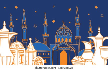 Old Arabic town with mosques and minarets. Traditional Iftar objects on the foreground